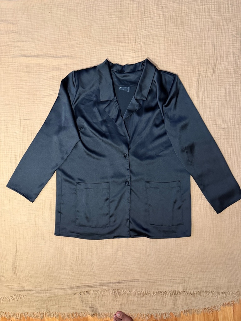 ASOS Silky Black Women's Button Blazer Blouse with Pockets and Shoulder Pads